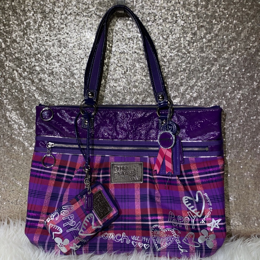 Coach Poppy Berry Tartan Glam Tote W/ Wristlet